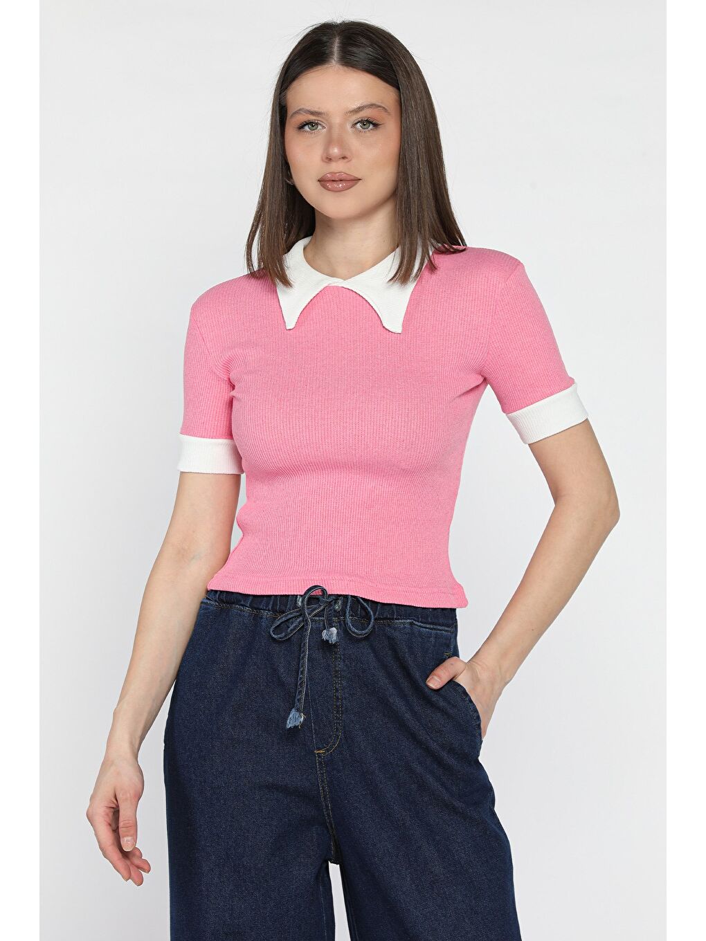 Pembe Kadın Polo Yaka Renk Garnili Kaşkorse Bluz