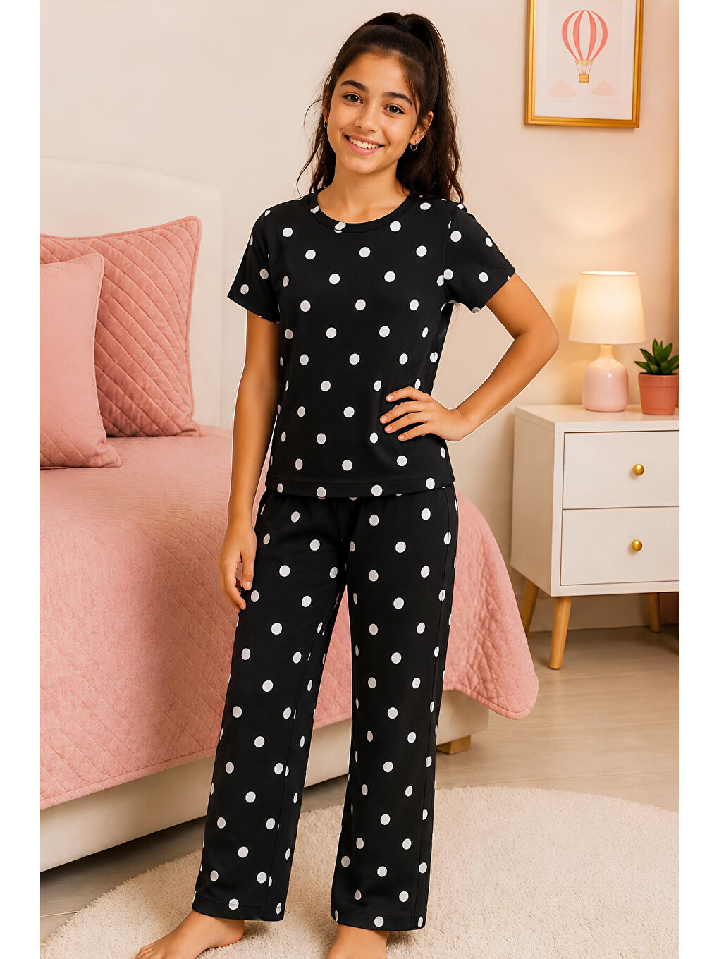 Siyah Kız Çocuk Pamuklu Milan Kumaş Pijama Takımı 7-16 Yaş 12699HC