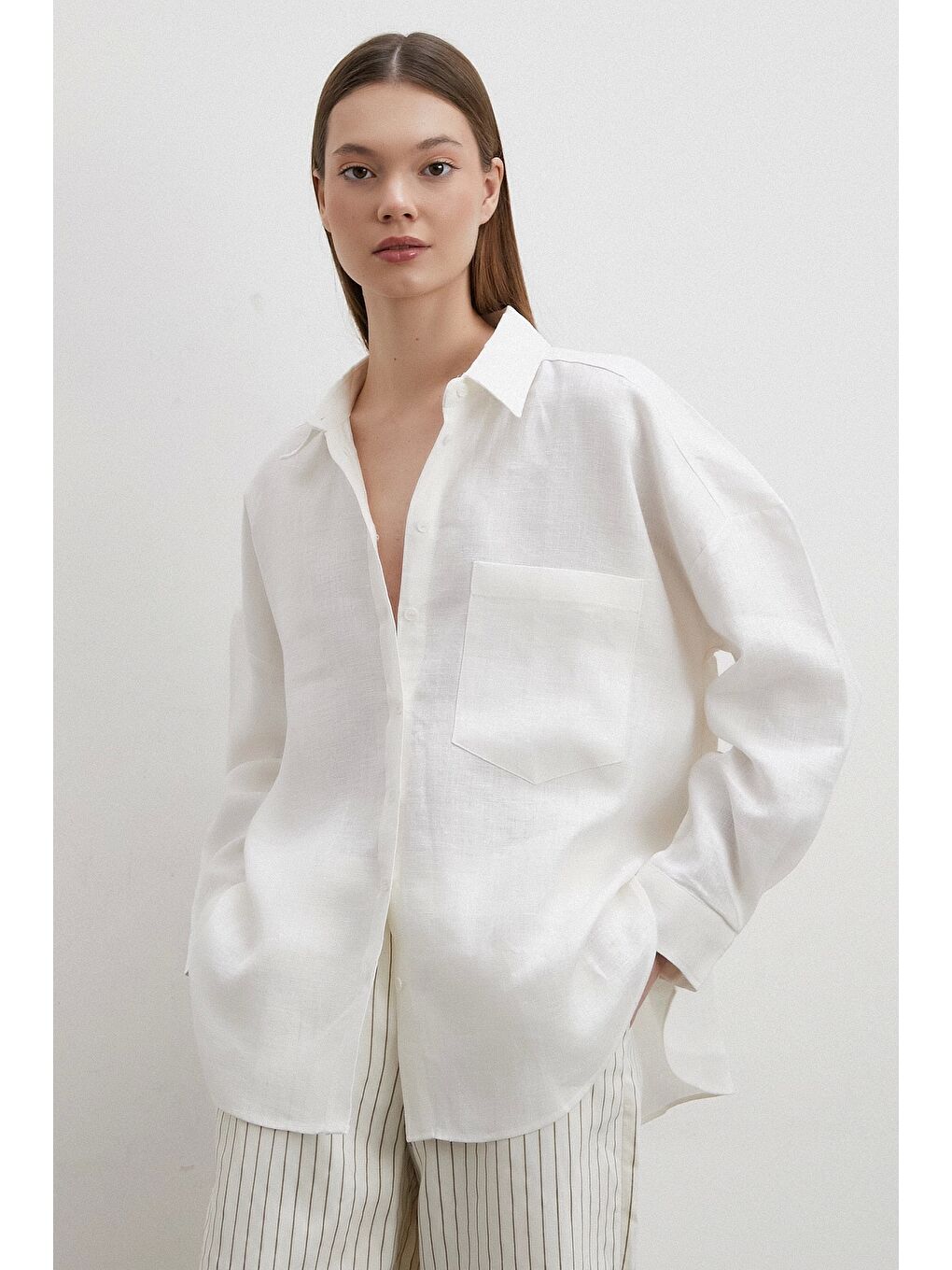 Robalı Cepli Keten Gömlek Ekru-5