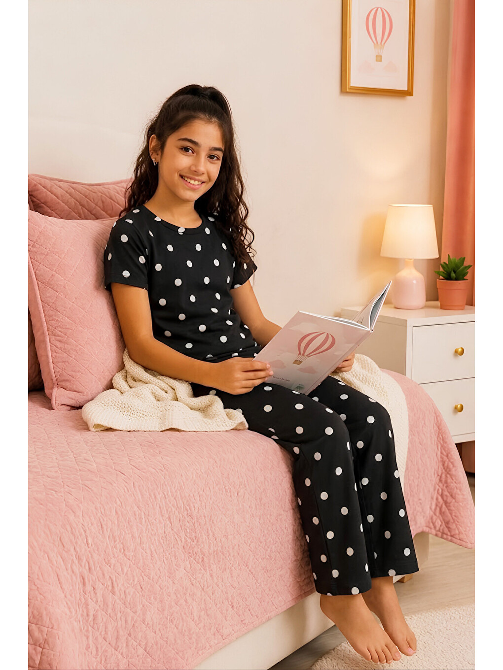 Siyah Kız Çocuk Pamuklu Milan Kumaş Pijama Takımı 7-16 Yaş 12699HC-1