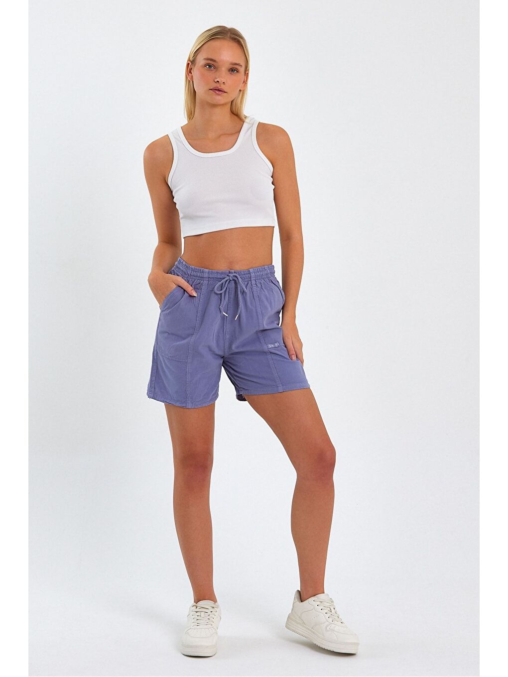 Kadın Lila Rahat Kesim Keten Şort-1