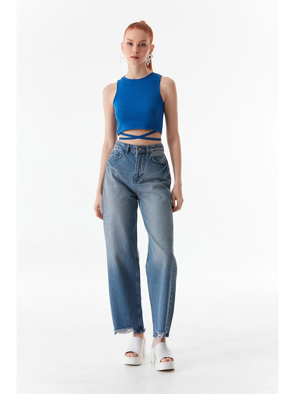 Mavi Fitilli Beli Bağlamalı Crop Body-4