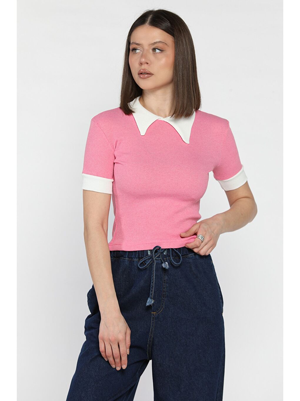 Pembe Kadın Polo Yaka Renk Garnili Kaşkorse Bluz-1