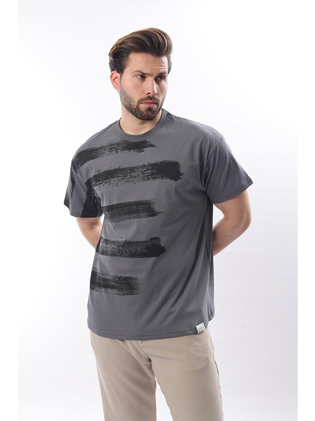 Gri Füme Baskılı Regular Fit Erkek %100 Pamuk Tişört E7107