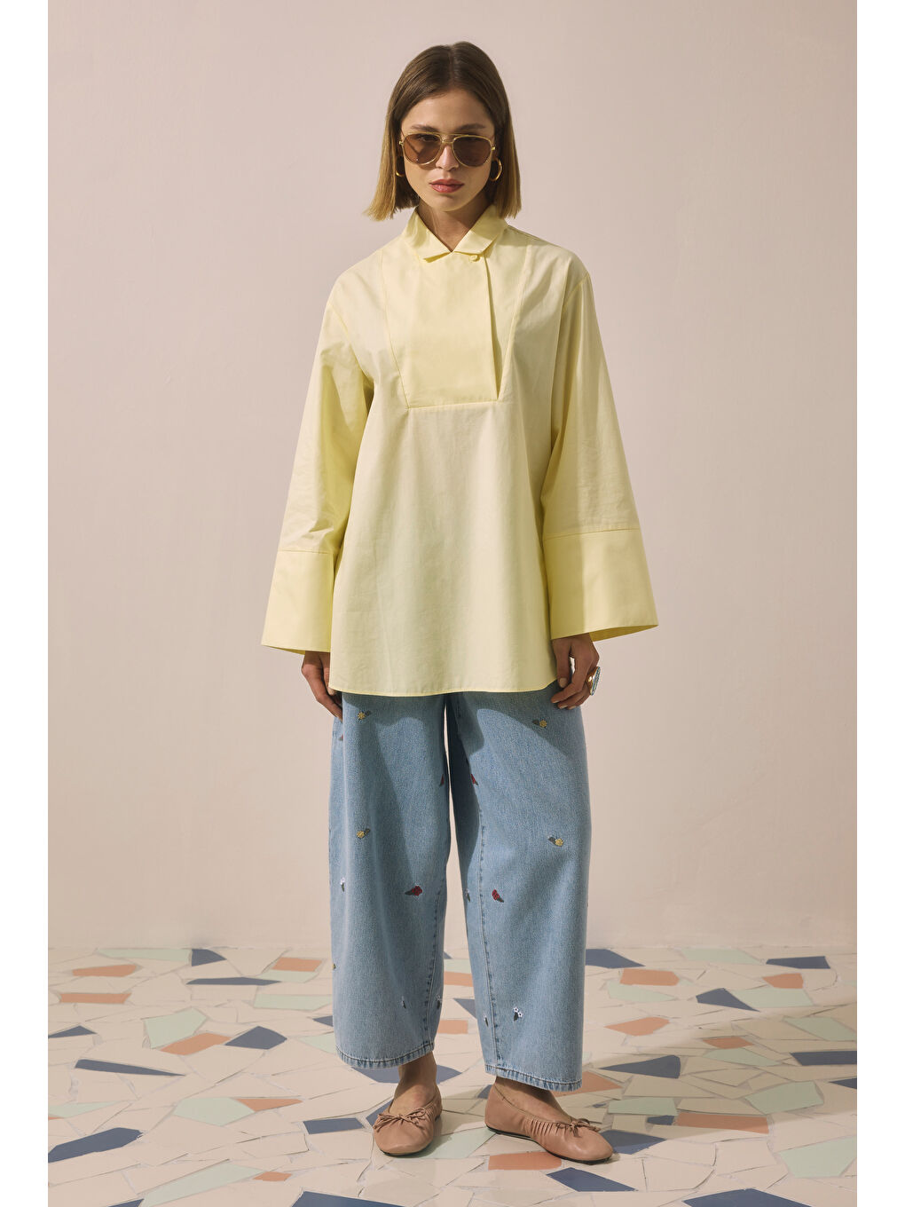 Kruvaze Yaka Tunik Soft Sarı-2