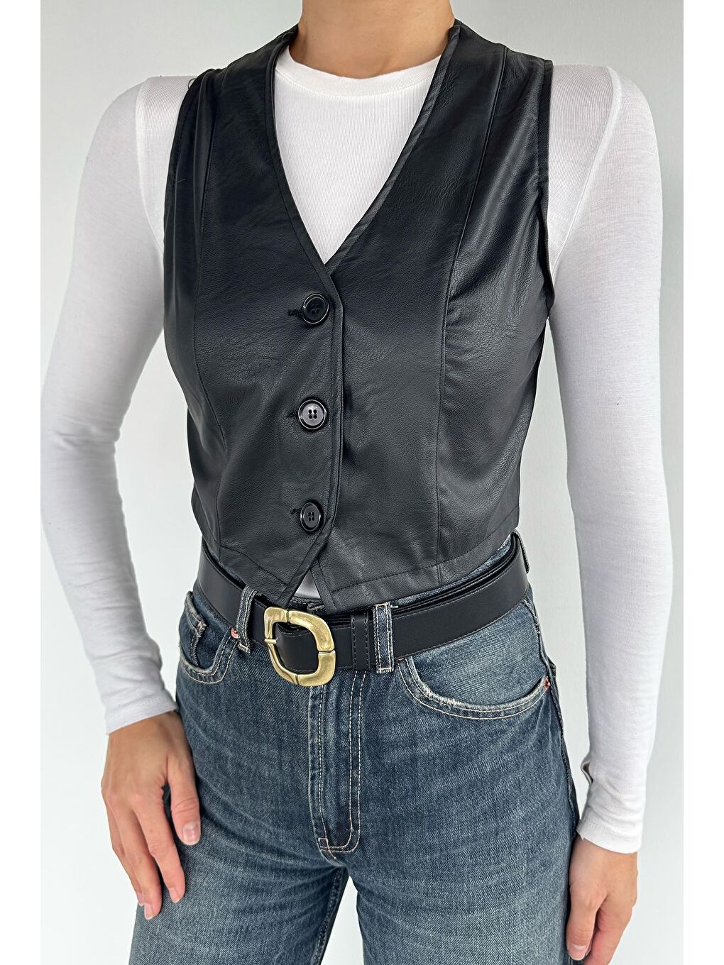 Siyah Kadın Ön Düğmeli Crop Top Suni Deri Yelek-2
