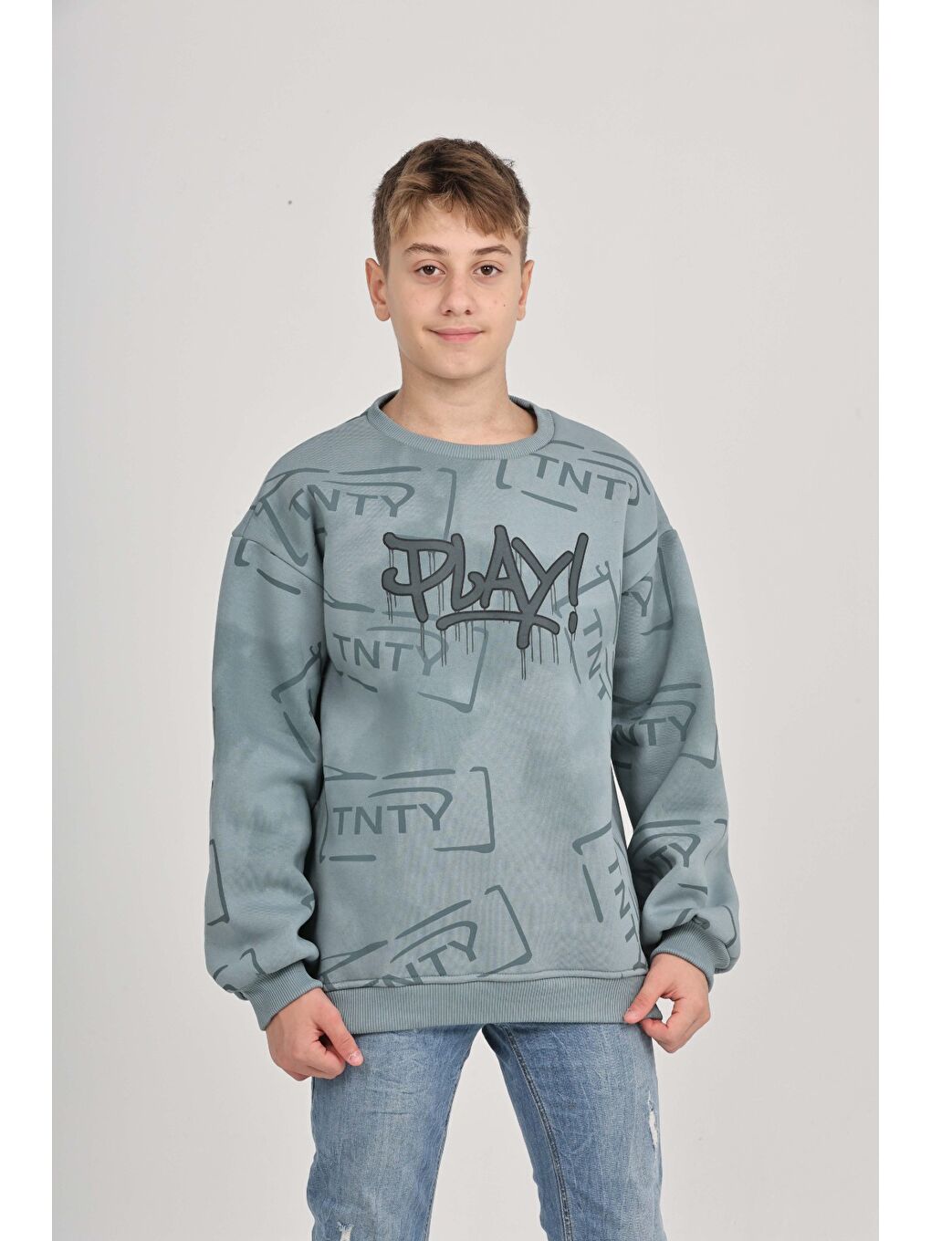 Ekru Erkek Çocuk Play Baskılı Sweatshirt-1