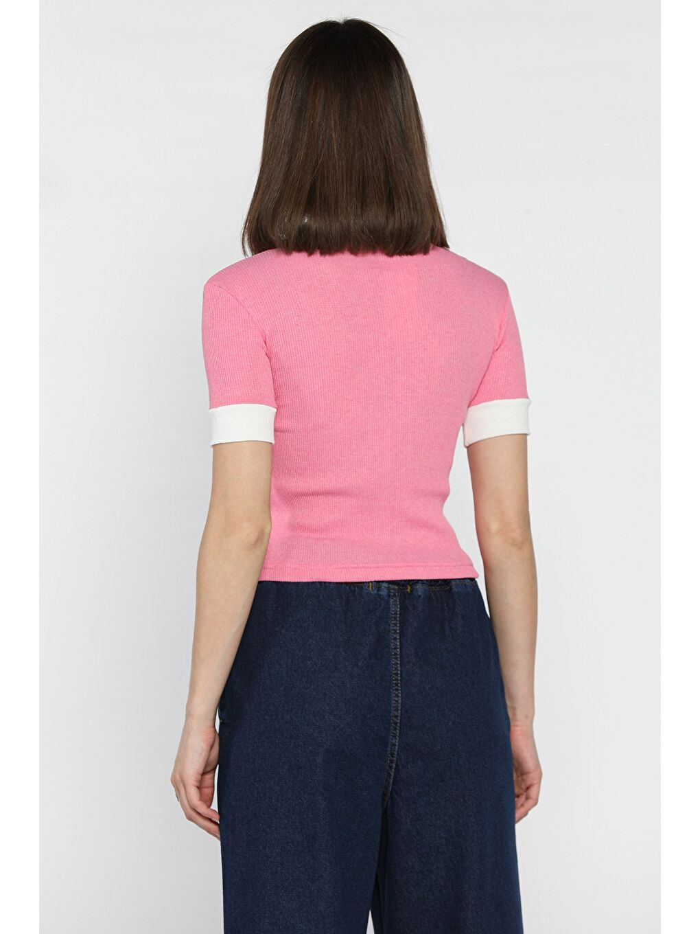 Pembe Kadın Polo Yaka Renk Garnili Kaşkorse Bluz-2