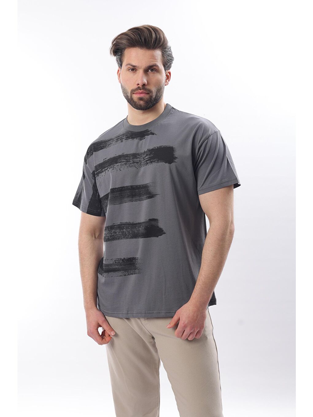 Gri Füme Baskılı Regular Fit Erkek %100 Pamuk Tişört E7107-1