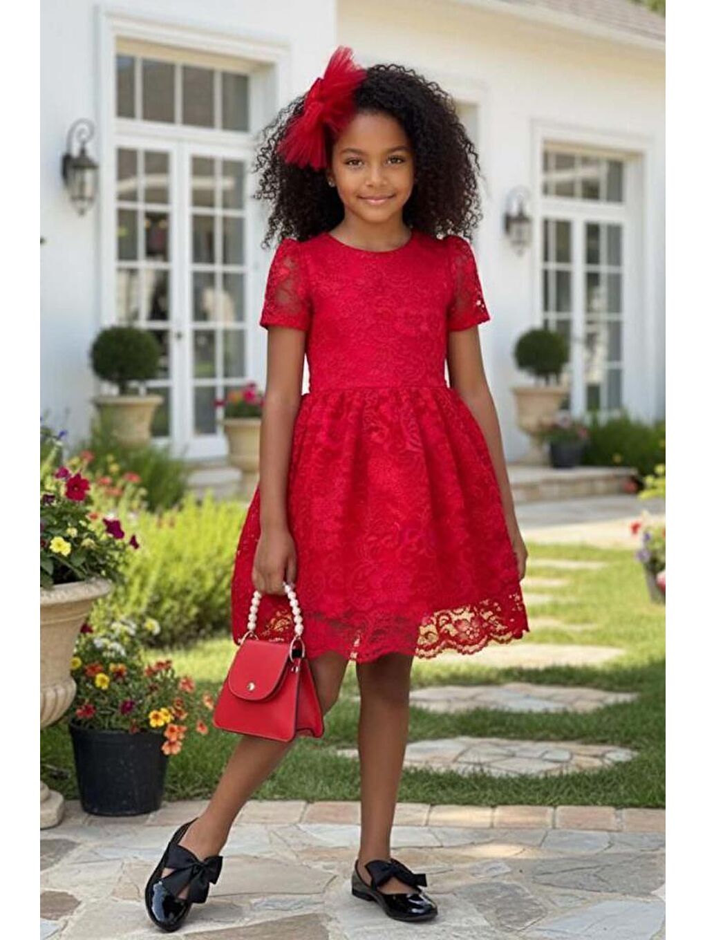 Kız Çocuk Üzeri Dantel İşlemeli İçi Astarlı Simli Kırmızı Abiye-1