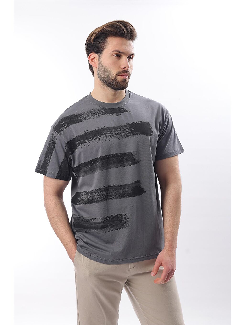 Gri Füme Baskılı Regular Fit Erkek %100 Pamuk Tişört E7107-2