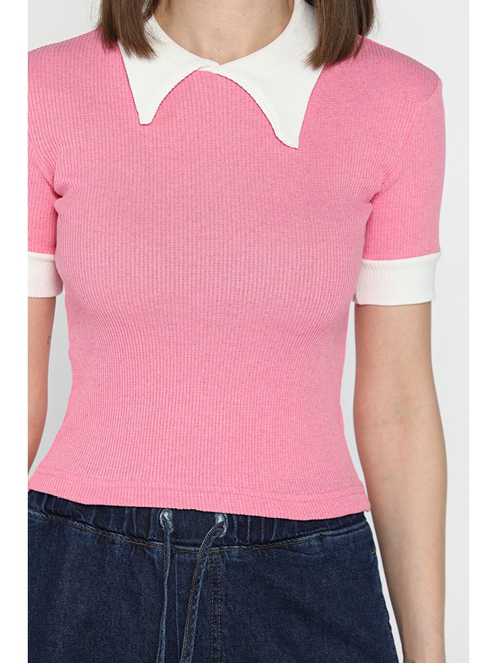 Pembe Kadın Polo Yaka Renk Garnili Kaşkorse Bluz-3