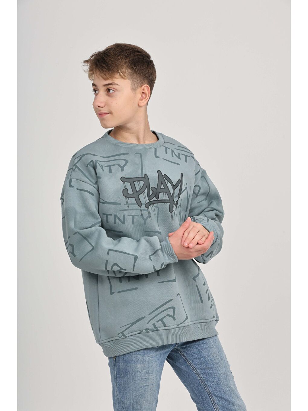 Ekru Erkek Çocuk Play Baskılı Sweatshirt-4