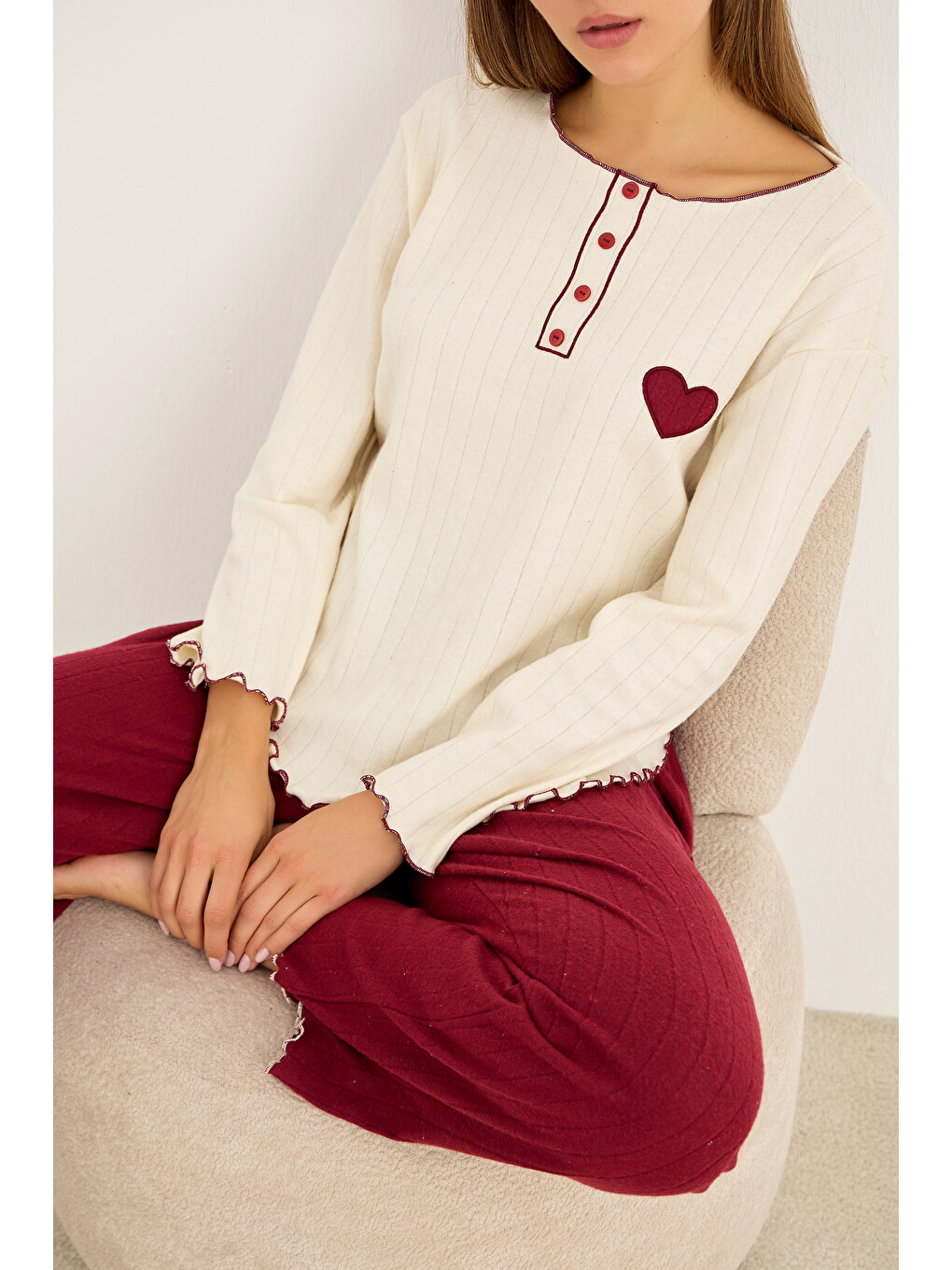 Bordo Kalp Nakışlı Örme İnterlok Pijama Takım25226009-1