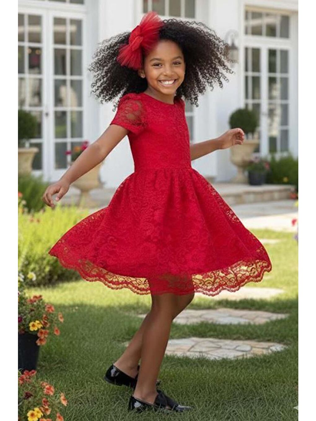 Kız Çocuk Üzeri Dantel İşlemeli İçi Astarlı Simli Kırmızı Abiye-2