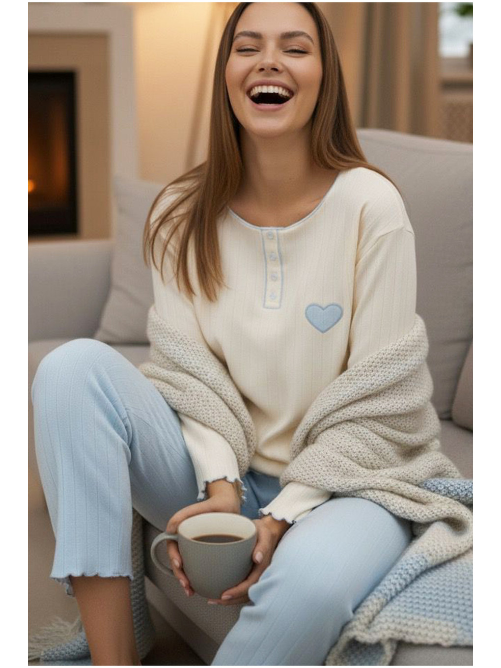 Mavi Kalp Nakışlı Örme İnterlok Pijama Takım25226009