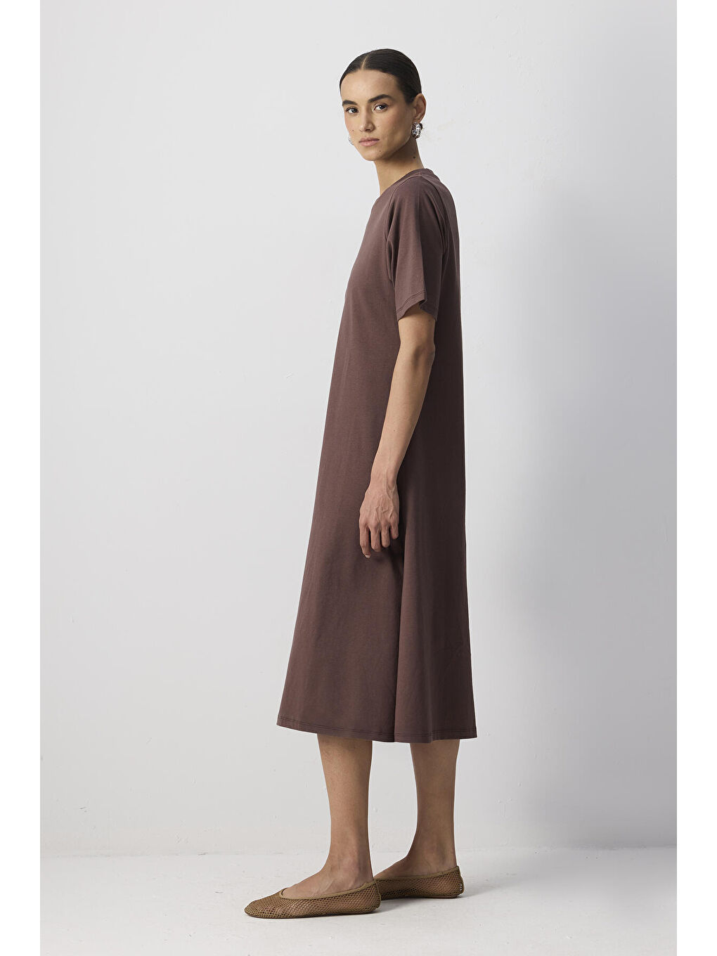 Kahverengi %100 Pamuklu Kısa Kollu Örme Elbise-2