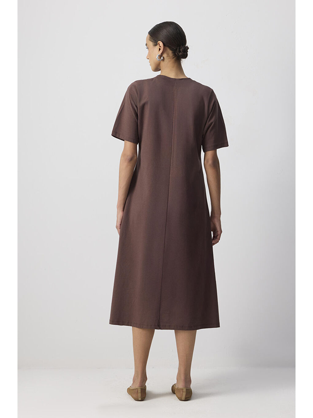 Kahverengi %100 Pamuklu Kısa Kollu Örme Elbise-3