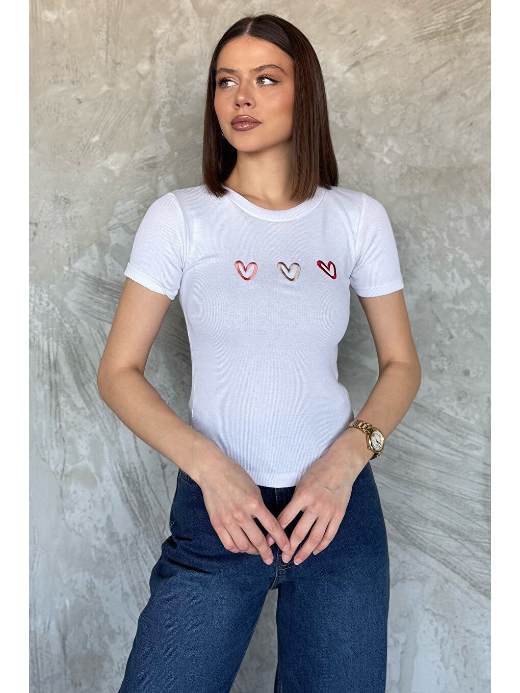 Beyaz Kalp Nakışlı Kaşkorse Bluz (s-m-l Uyumludur)