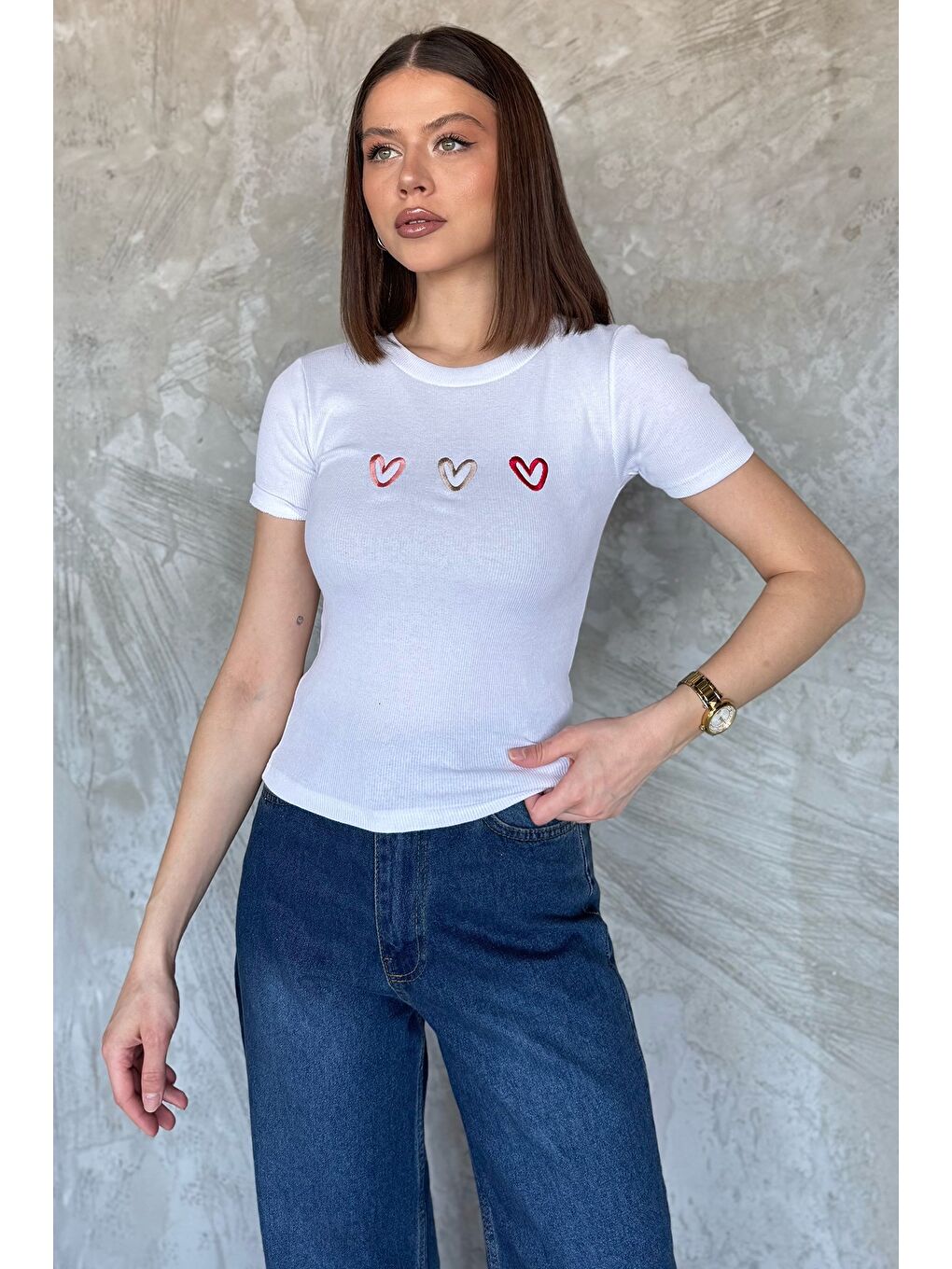 Beyaz Kalp Nakışlı Kaşkorse Bluz (s-m-l Uyumludur)-1