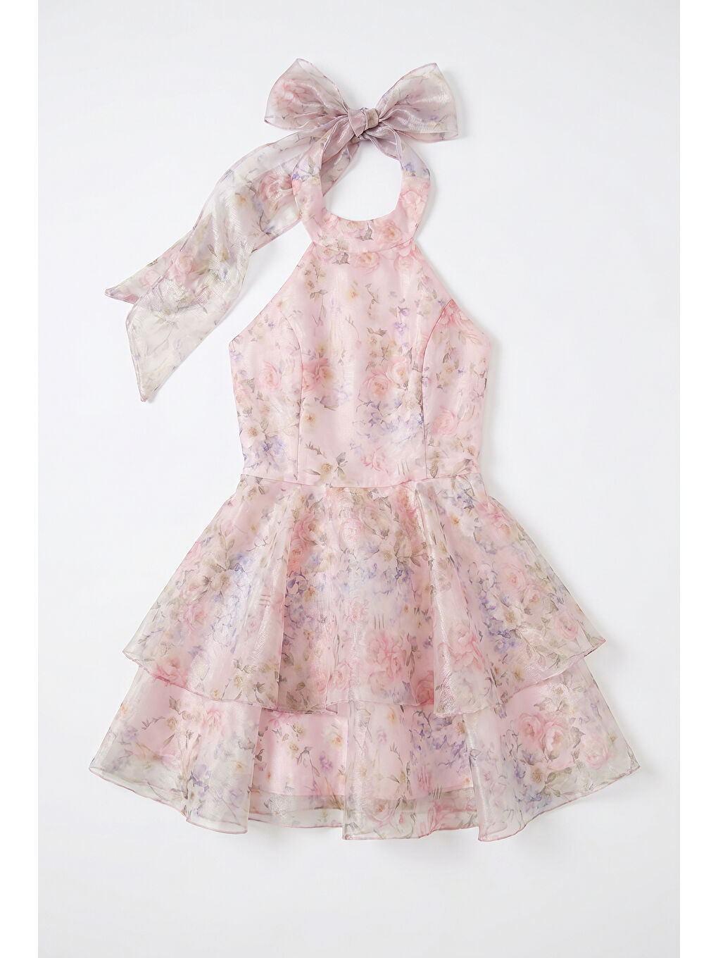 Çiçek Desenli Organze Mini Elbise Pembe-1