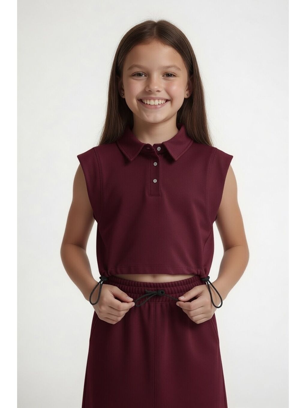 Bordo Sıfır Kol Crop ve Yırtmaç Detaylı Etekli Kız Çocuk Alt Üst Takım 24006-1