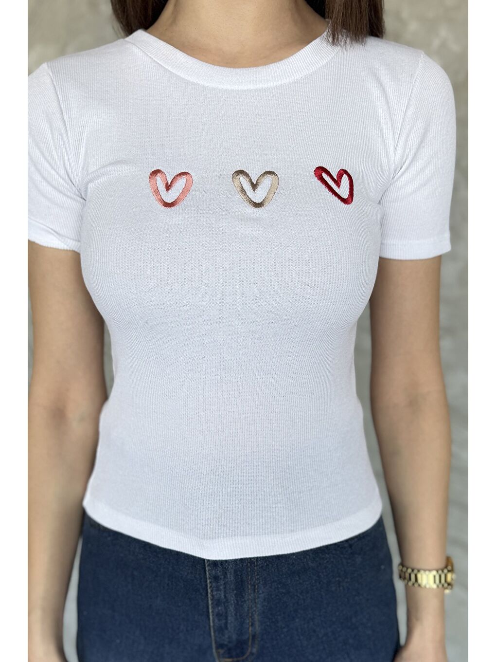 Beyaz Kalp Nakışlı Kaşkorse Bluz (s-m-l Uyumludur)-3
