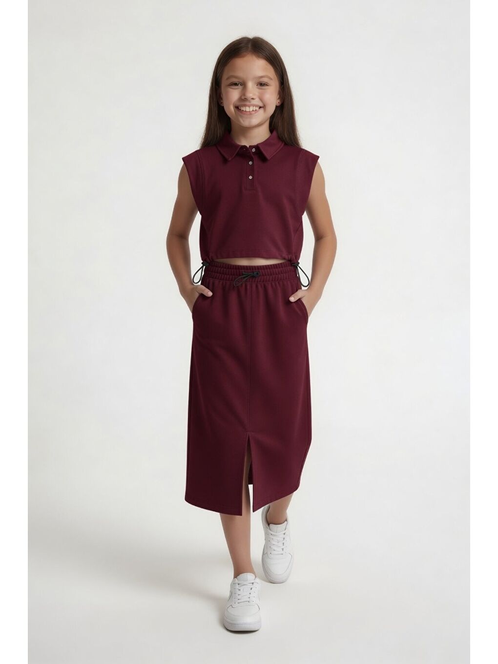 Bordo Sıfır Kol Crop ve Yırtmaç Detaylı Etekli Kız Çocuk Alt Üst Takım 24006-2