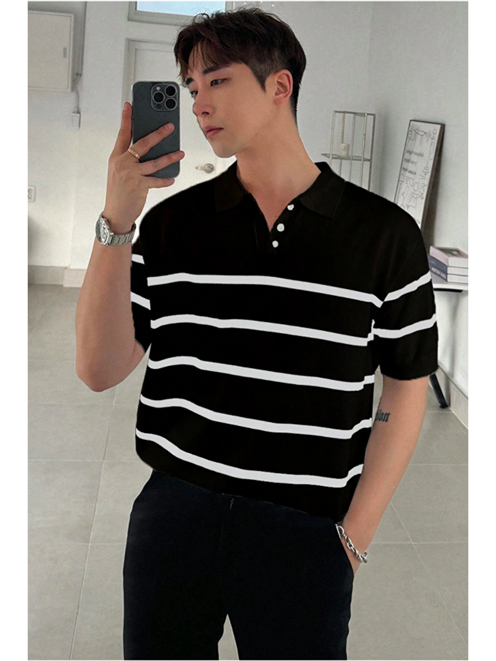 Siyah Erkek Düğmeli Polo Yaka Çizgi Detaylı Slim Fit Triko Tişört