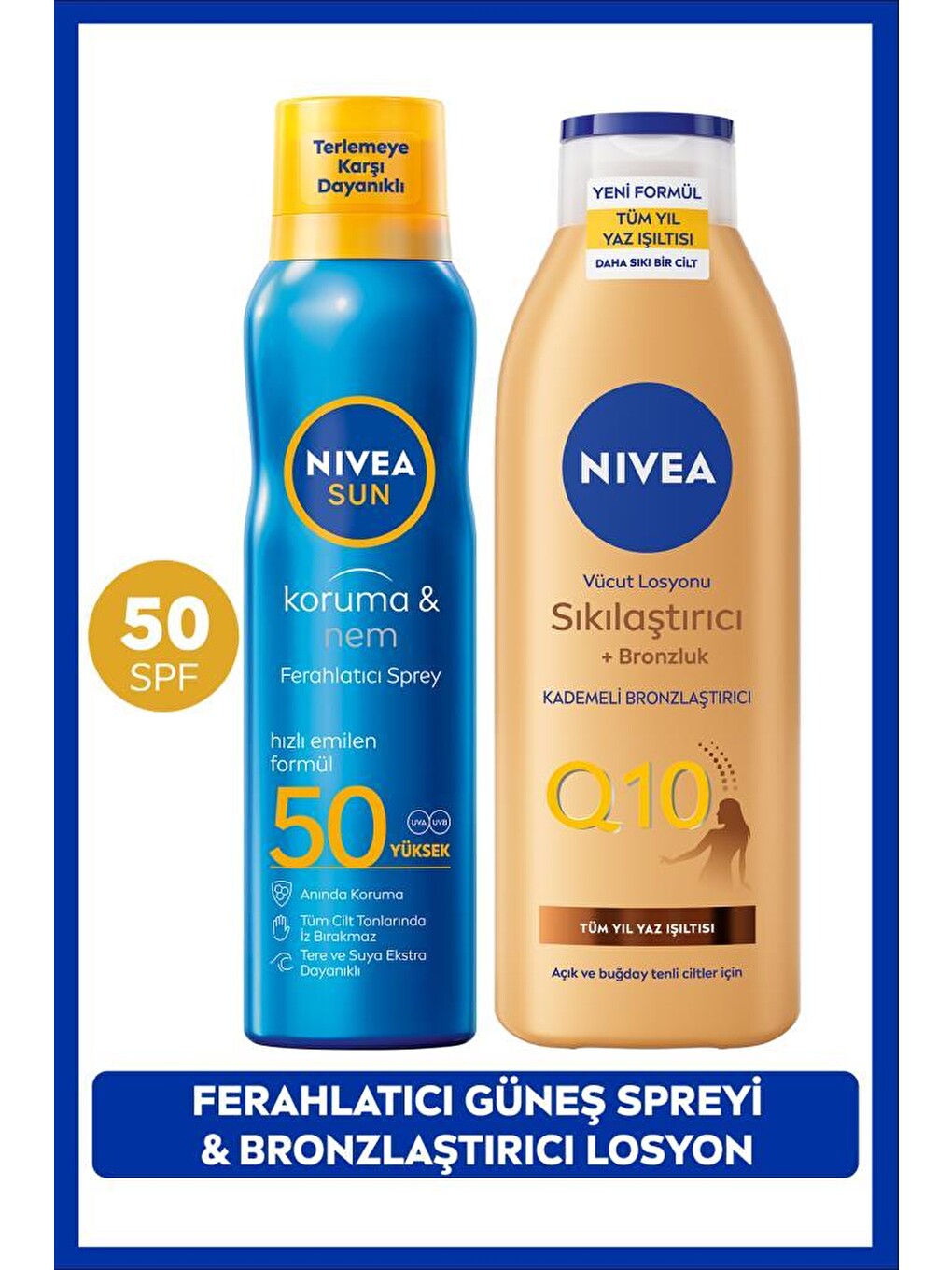 Sun Spf50 Güneş Koruyucu Ferahlatıcı Sprey 200ml Ve Q10 Sıkılaştırıcı Bronzluk Vücut Losyonu 250ml