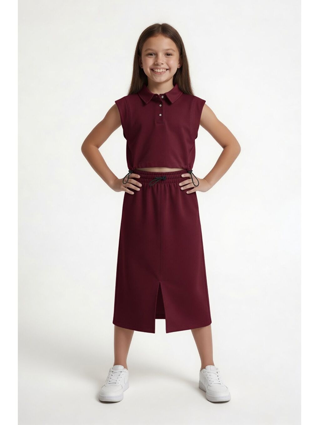 Bordo Sıfır Kol Crop ve Yırtmaç Detaylı Etekli Kız Çocuk Alt Üst Takım 24006-3