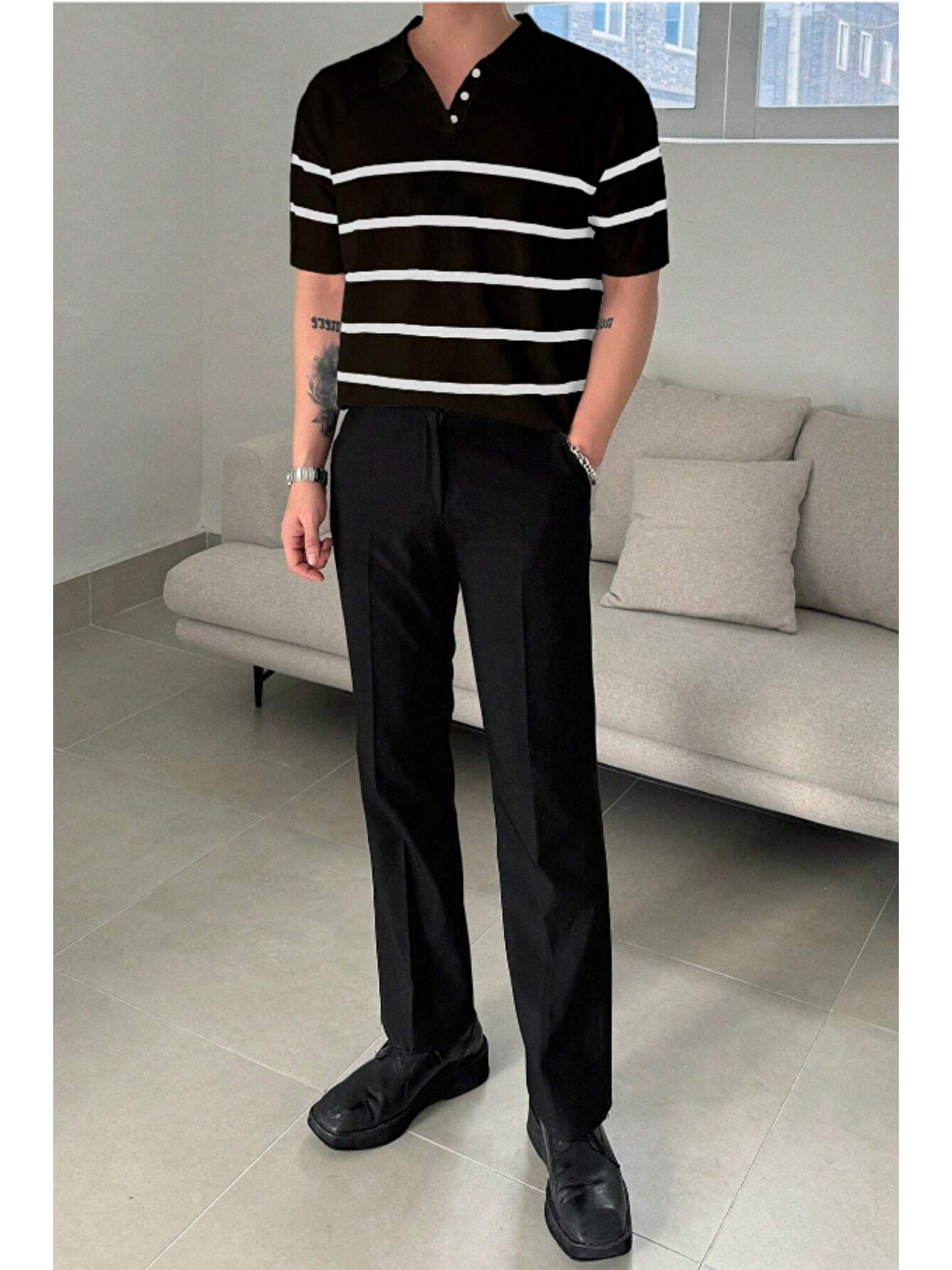 Siyah Erkek Düğmeli Polo Yaka Çizgi Detaylı Slim Fit Triko Tişört-1