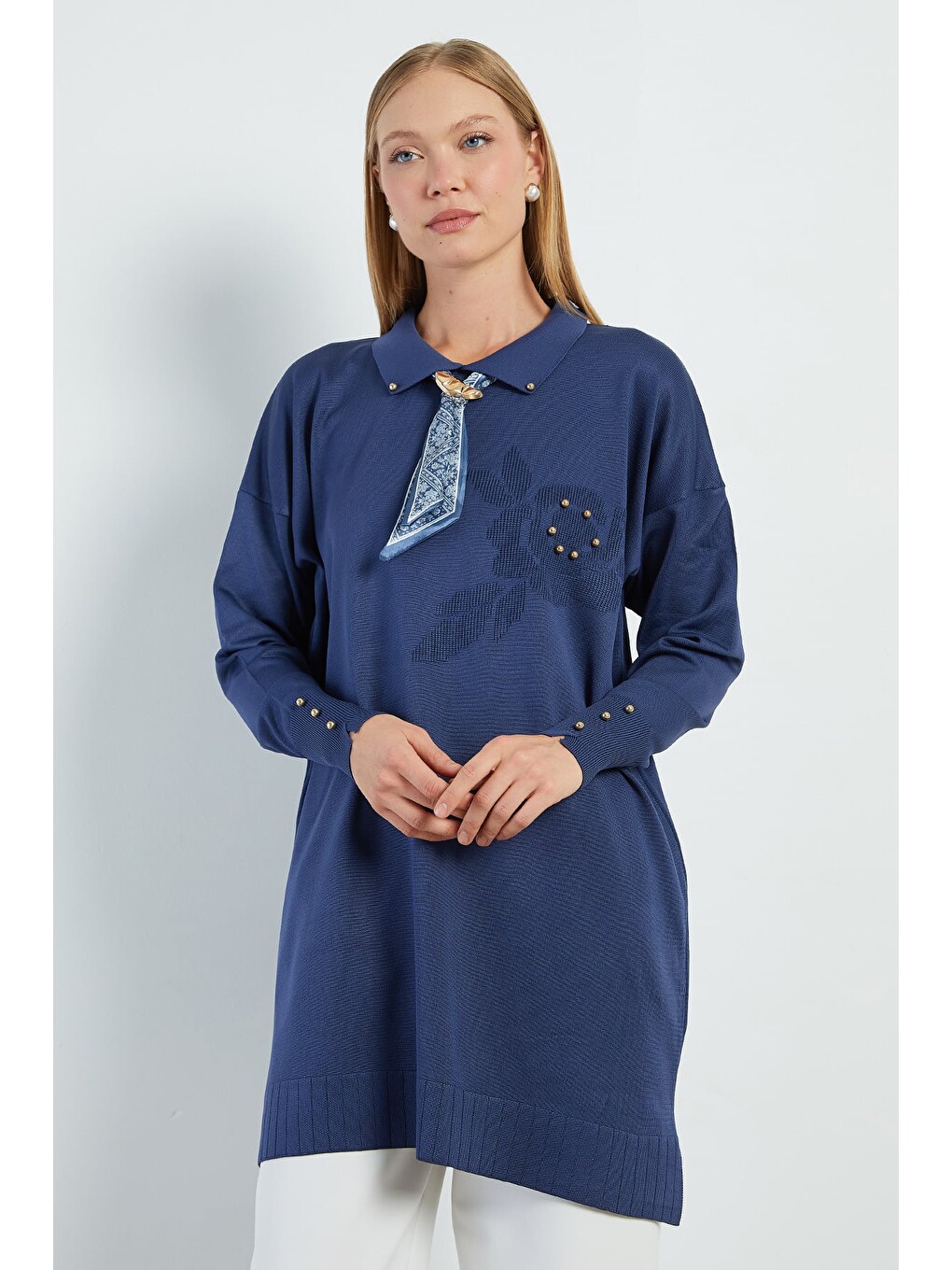 Lacivert Fullamodest Fularlı Jakarlı Triko Tunik