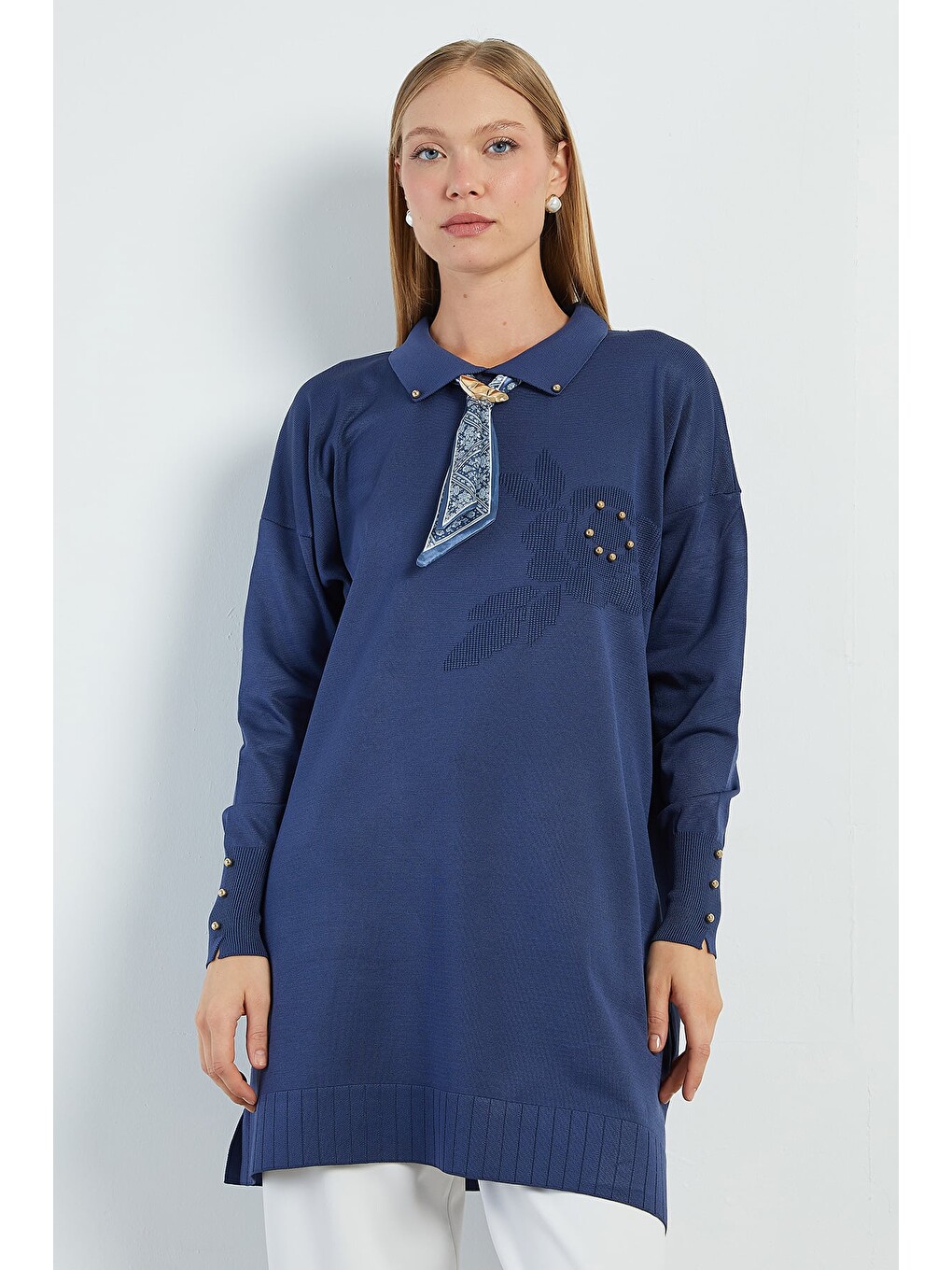 Lacivert Fullamodest Fularlı Jakarlı Triko Tunik-1