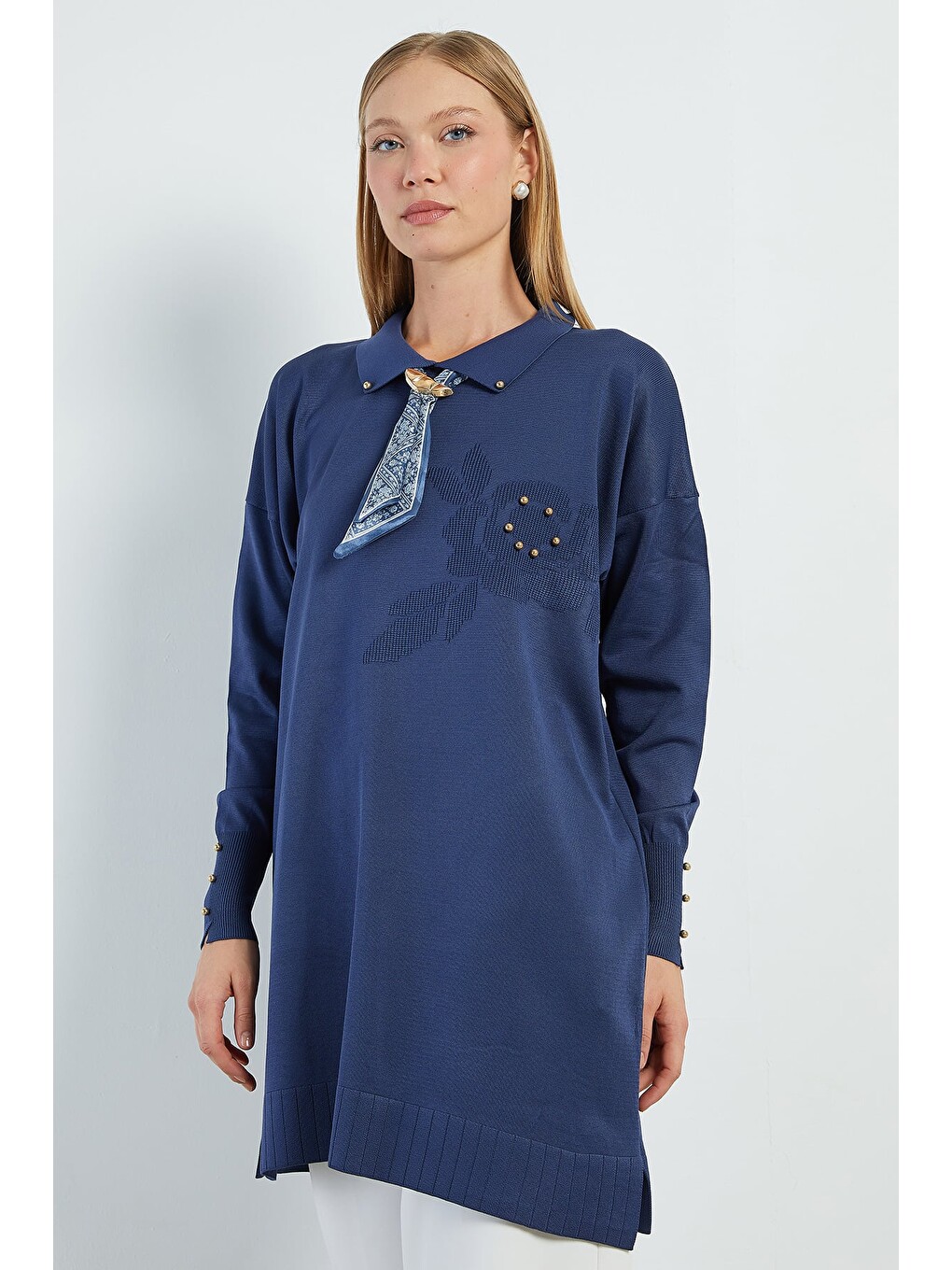 Lacivert Fullamodest Fularlı Jakarlı Triko Tunik-3