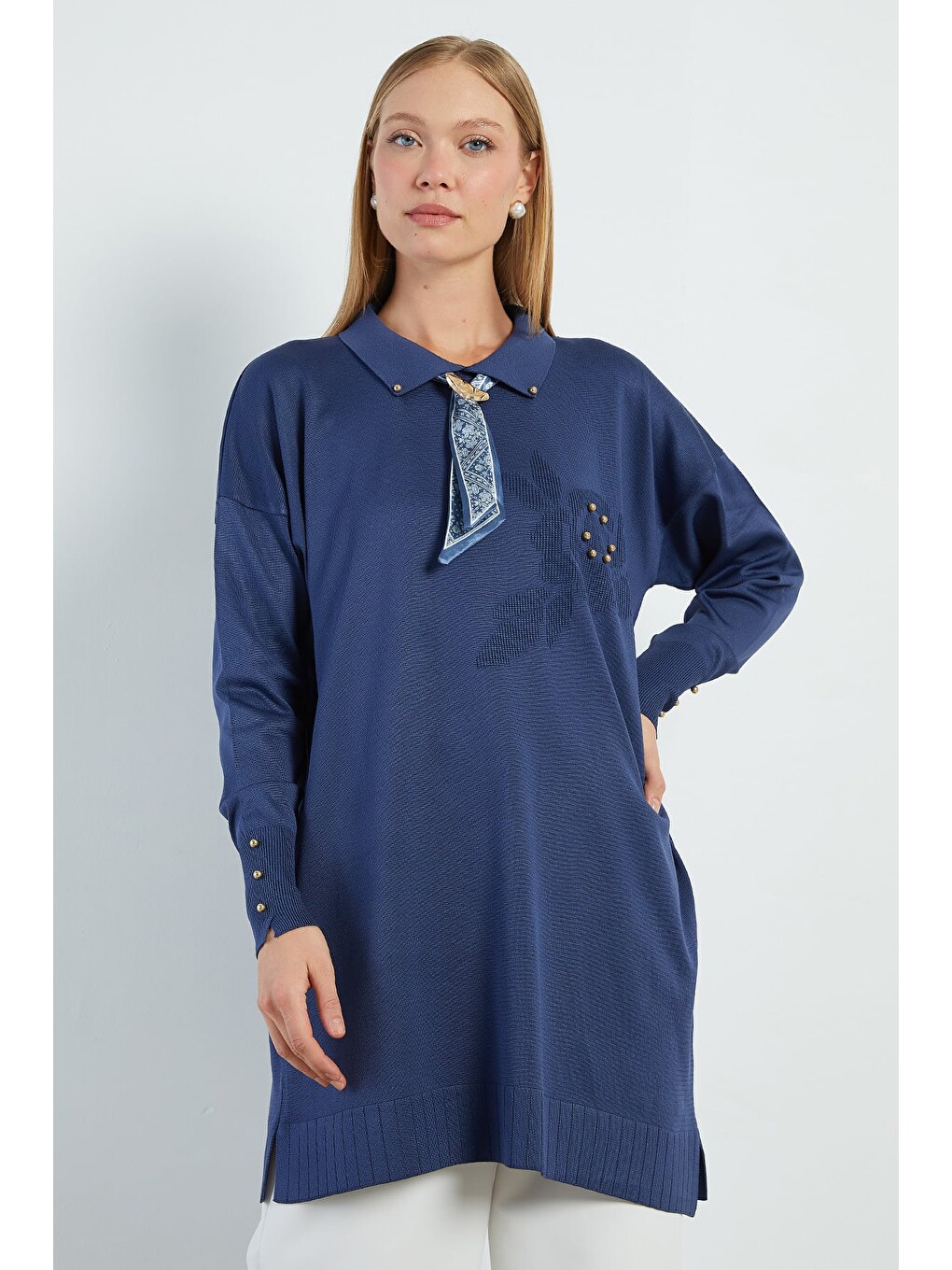 Lacivert Fullamodest Fularlı Jakarlı Triko Tunik-4