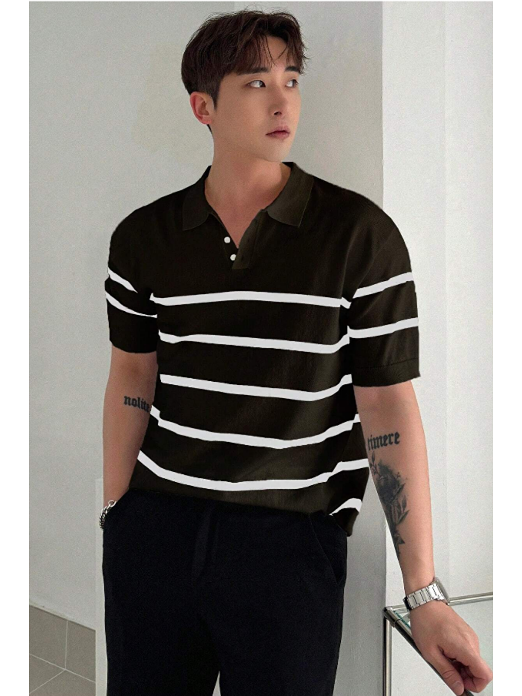 Siyah Erkek Düğmeli Polo Yaka Çizgi Detaylı Slim Fit Triko Tişört-2