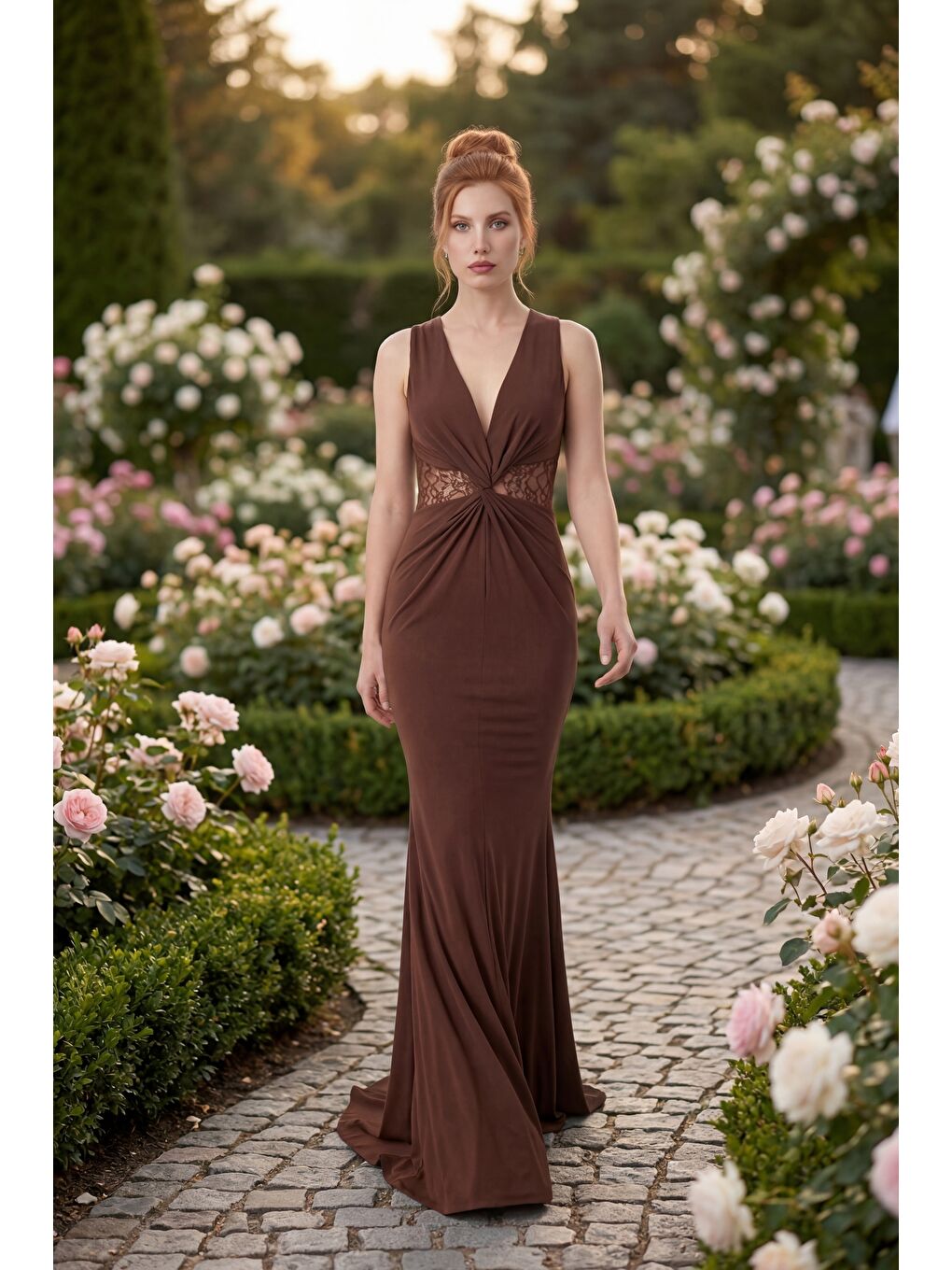 Kadın Kahverengi Dantel Detaylı Kruvaze Yaka Maxi Abiye & Mezuniyet Elbise