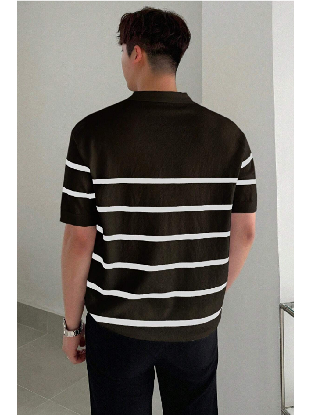 Siyah Erkek Düğmeli Polo Yaka Çizgi Detaylı Slim Fit Triko Tişört-3