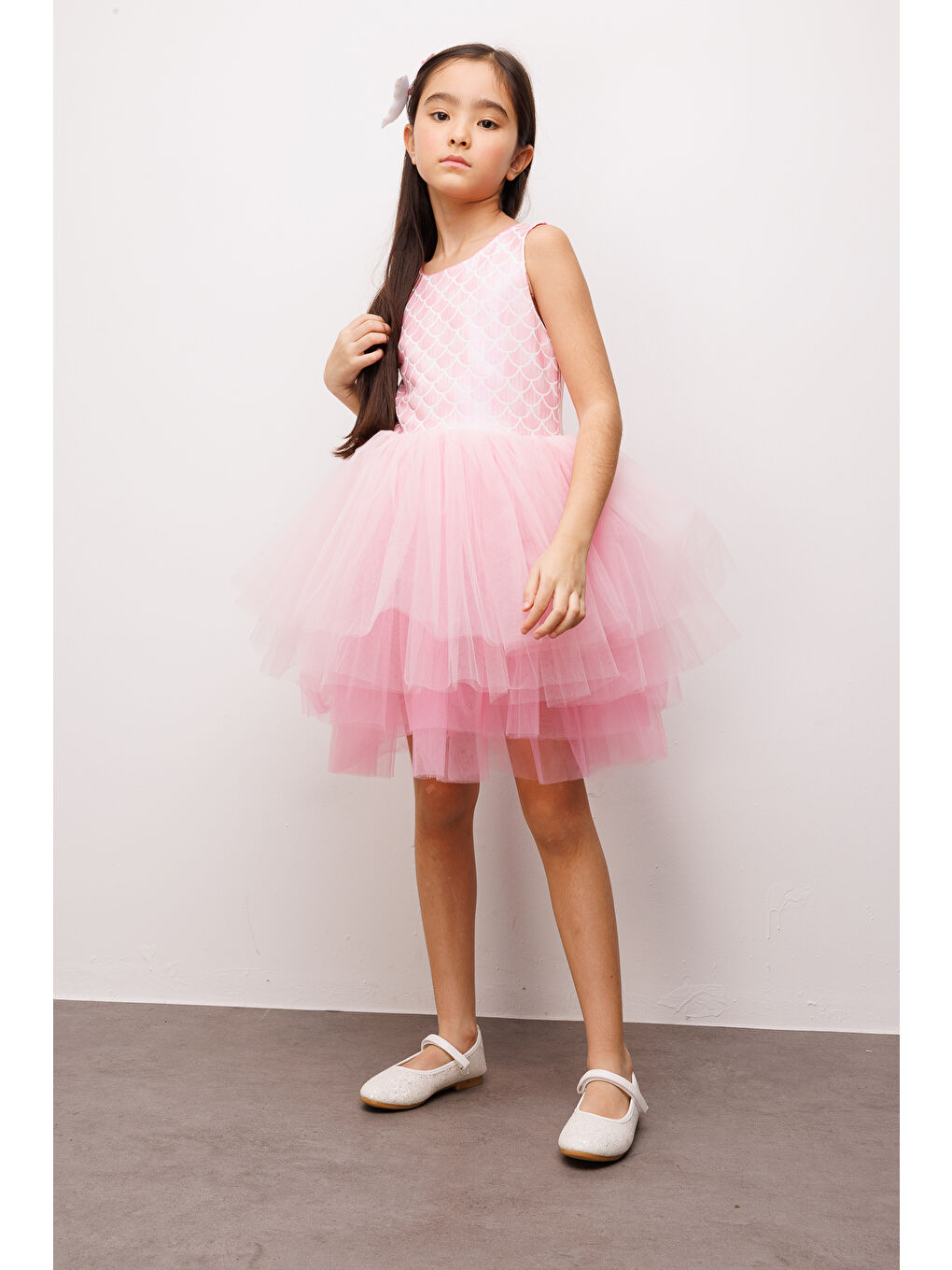 Pembe  Deniz Kızı Desenli Tül Etekli Kız Çocuk Elbise - Carey-1