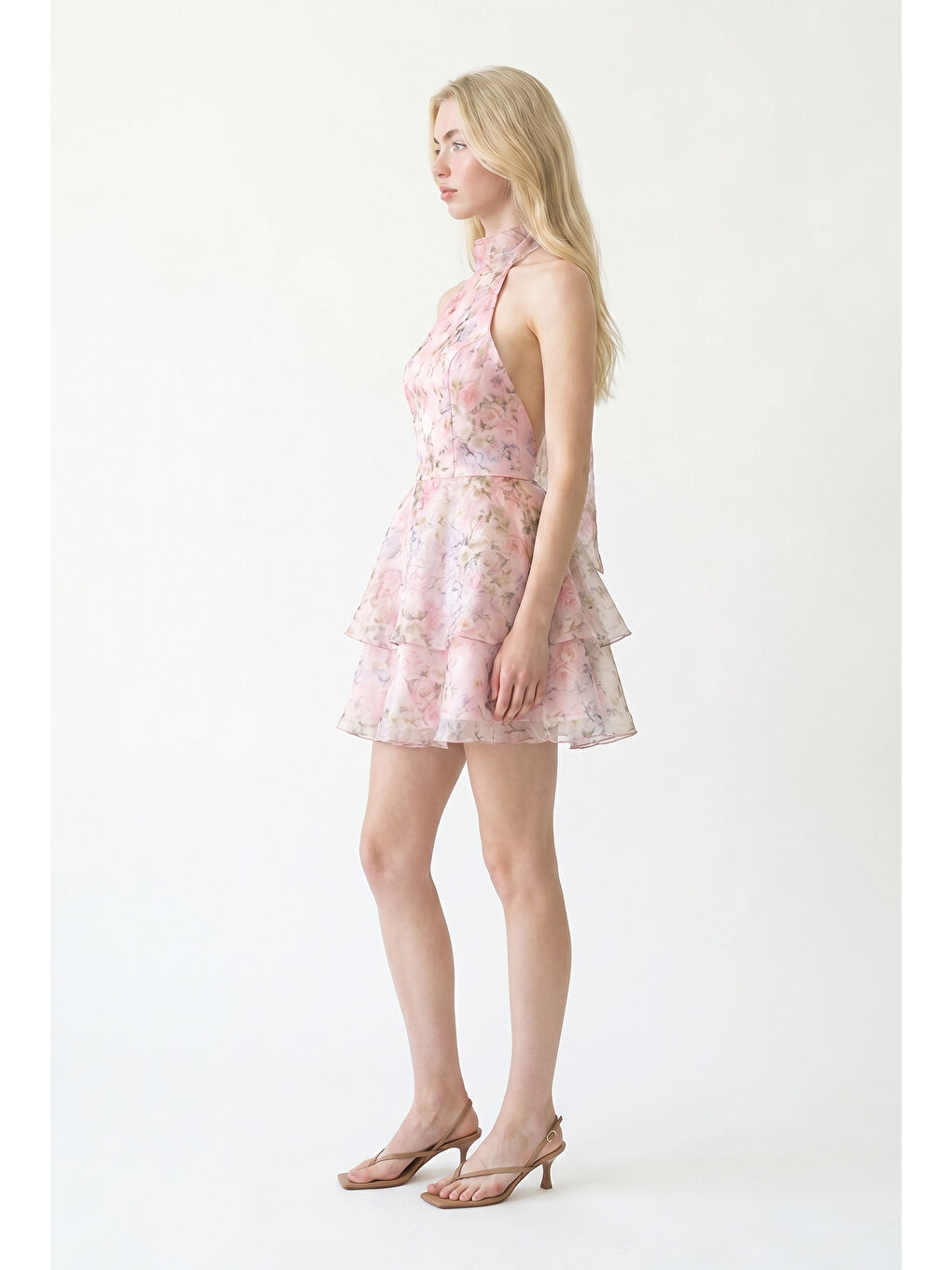 Çiçek Desenli Organze Mini Elbise Pembe-4