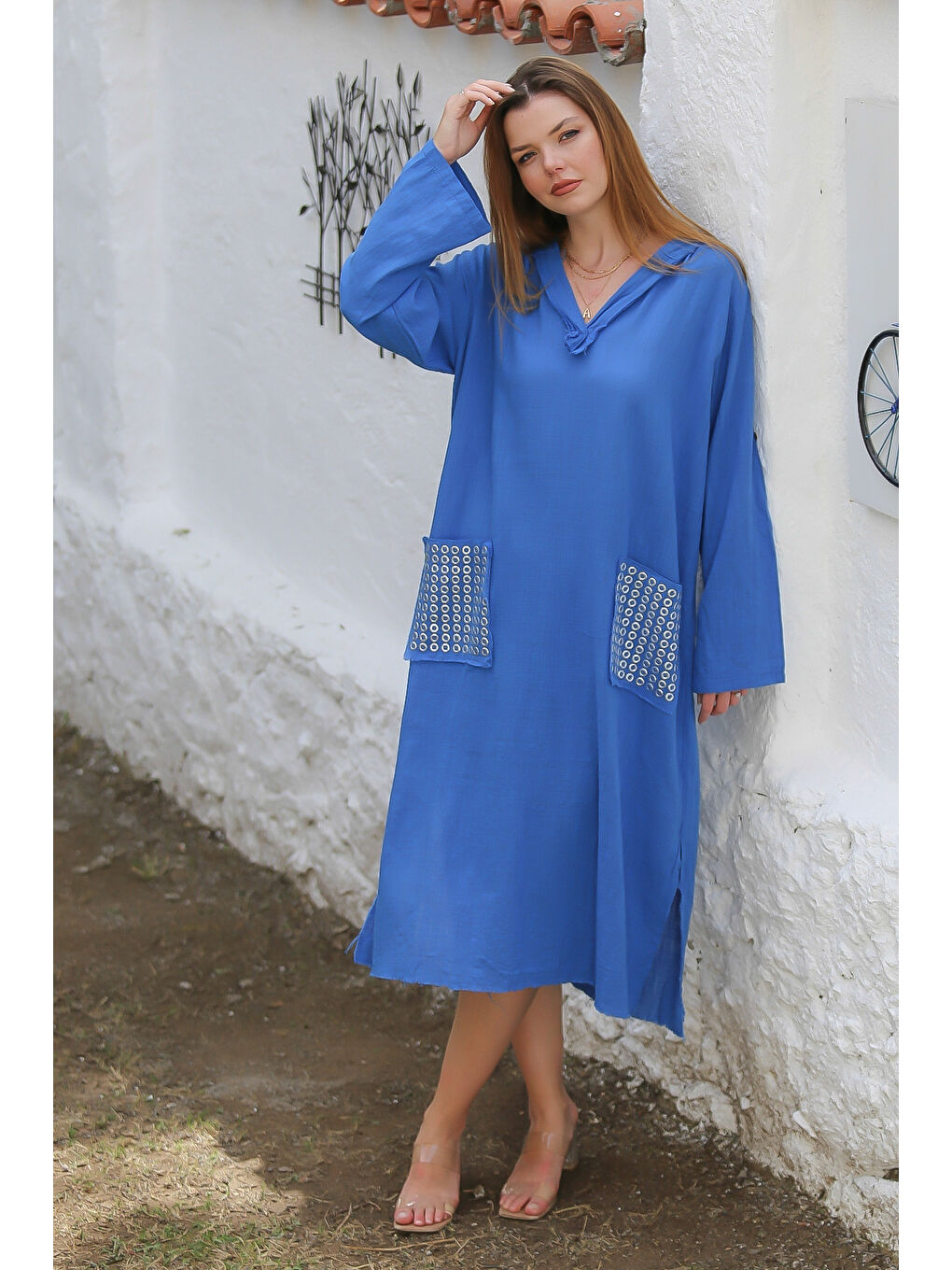 Mavi Kapüşonlu Düğmeli Uzun Kollu Cepli Yırtmaçlı Troklu Dokuma Casual Elbise-2