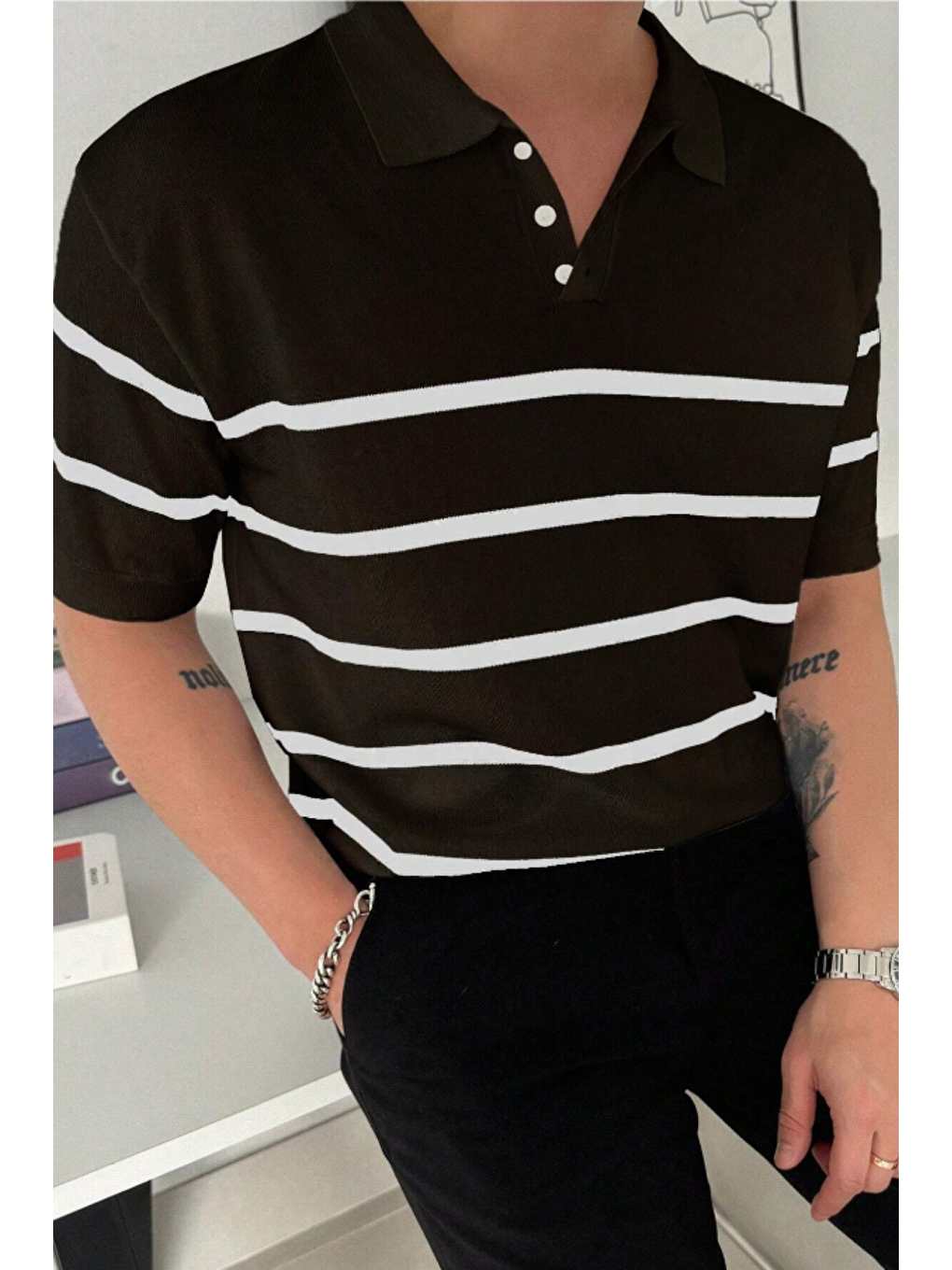 Siyah Erkek Düğmeli Polo Yaka Çizgi Detaylı Slim Fit Triko Tişört-5