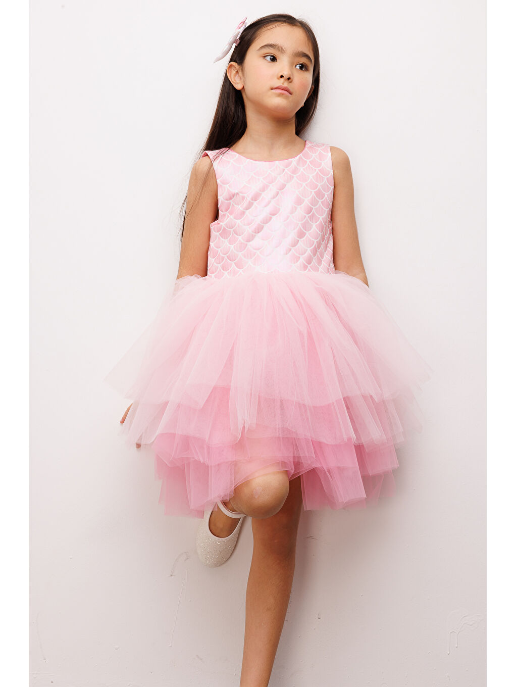 Pembe  Deniz Kızı Desenli Tül Etekli Kız Çocuk Elbise - Carey-2