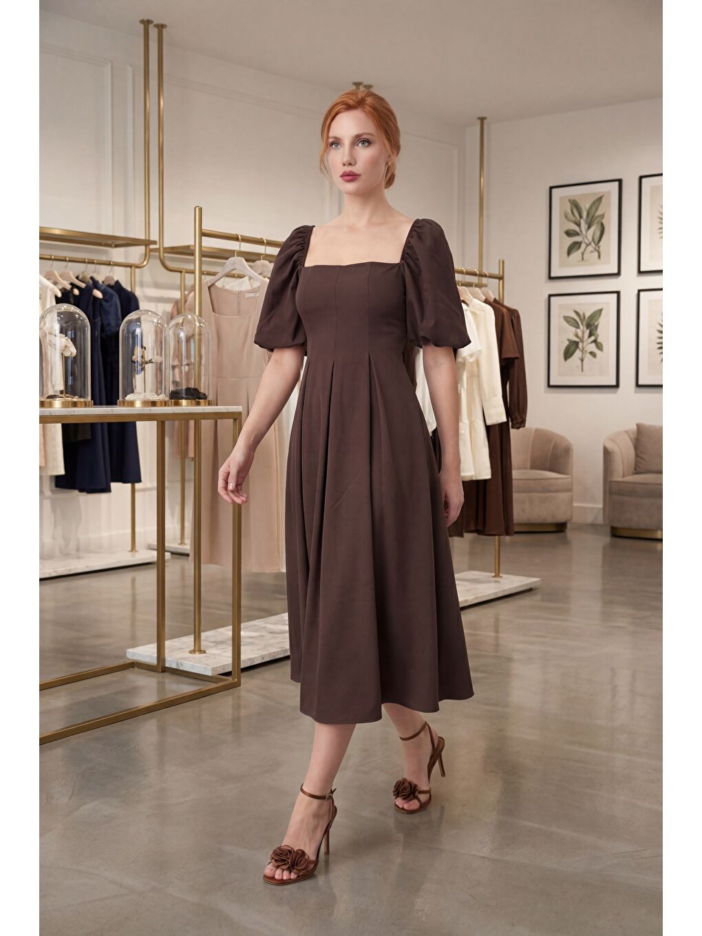 Kadın Kahverengi Kare Yaka Balon Kol Midi Davet Elbisesi-3