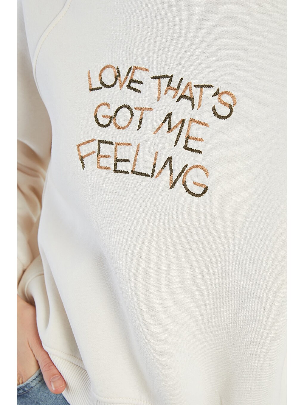 Bej 3 İplik Yazı Nakışlı Reglan Kol Oversize Sweatshirt-2
