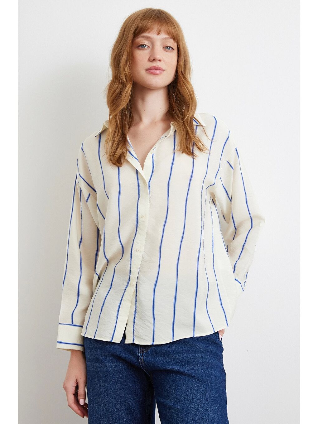 Mavi Çizgili Modal Gömlek Saks-1
