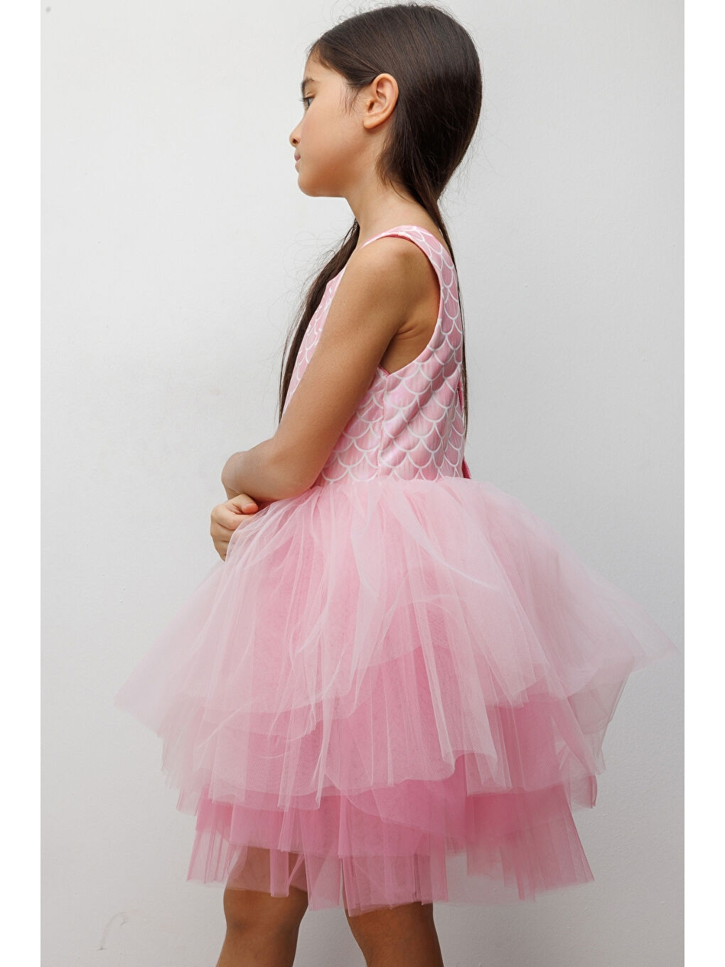 Pembe  Deniz Kızı Desenli Tül Etekli Kız Çocuk Elbise - Carey-3
