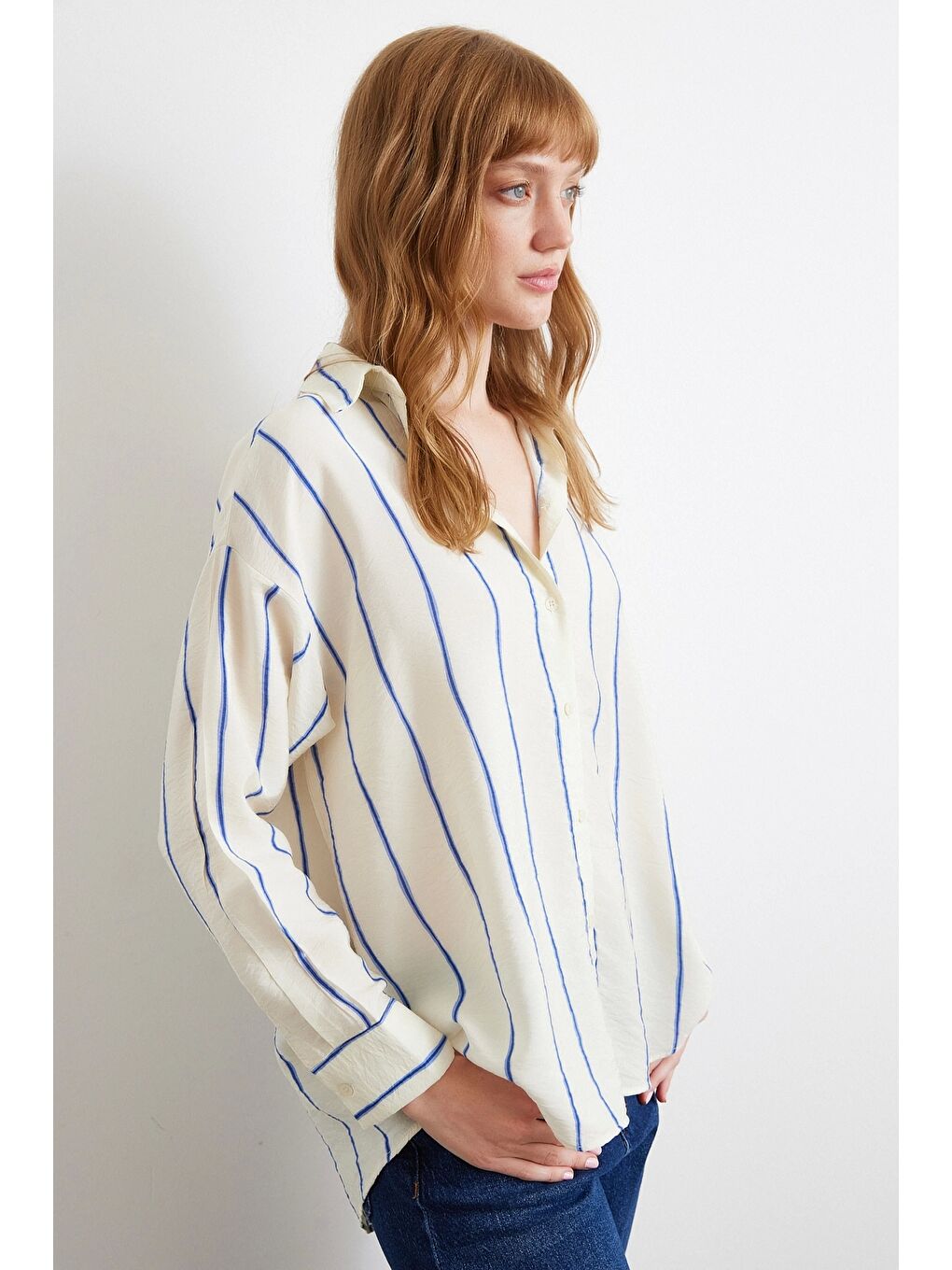 Mavi Çizgili Modal Gömlek Saks-2