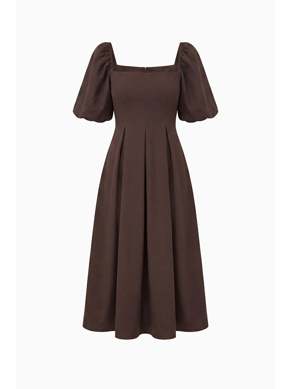 Kadın Kahverengi Kare Yaka Balon Kol Midi Davet Elbisesi-5